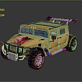 Yellow Modified Off Road Vehicle With Exposed Engine Oversized Tires Colorful Stripes And Roof Spoiler