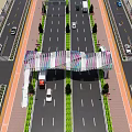 Modern Pedestrian Bridge Featuring Colorful Striped Mesh Design Over Road with Vehicles and Greenery