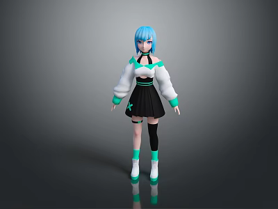 3D Humanoid Anime Character Design With Blue Hair White Top Black Skirt Green Accents 3d model
