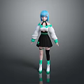 3D Humanoid Anime Character Design With Blue Hair White Top Black Skirt Green Accents