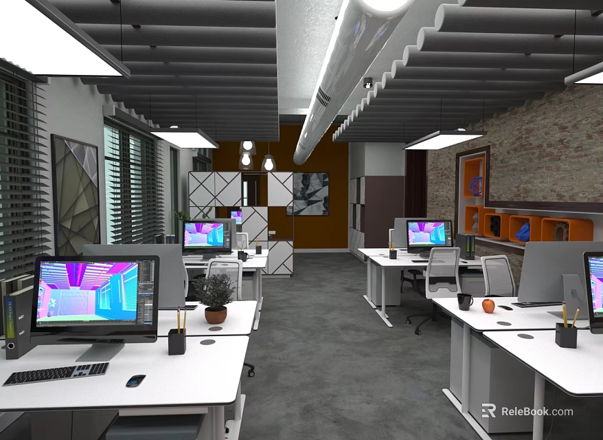 Contemporary Office Furniture Setup Featuring Desks Computers Chairs Plants And Lighting 3d model 