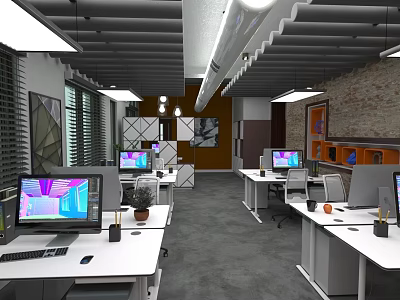 Contemporary Office Furniture Setup Featuring Desks Computers Chairs Plants And Lighting 3d model