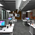 Contemporary Office Furniture Setup Featuring Desks Computers Chairs Plants And Lighting