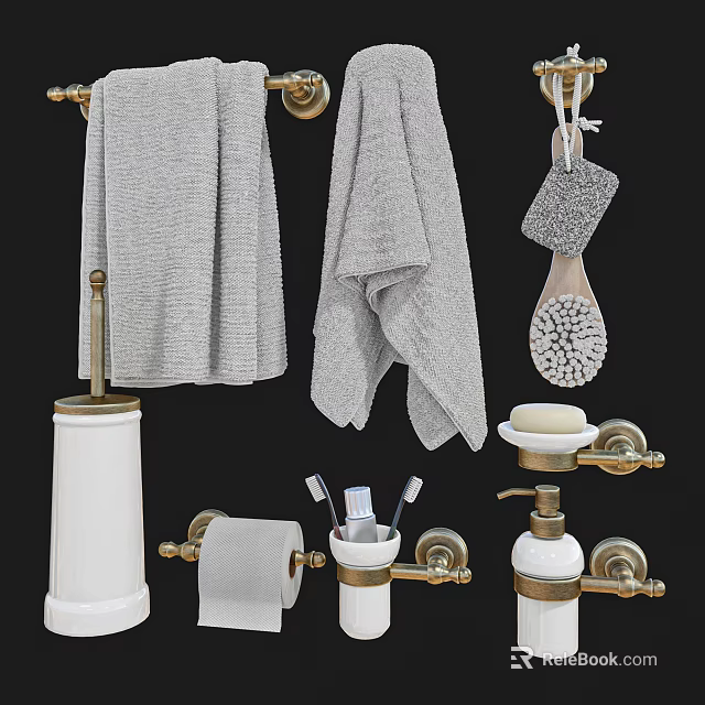 Modern Brass Bathroom Accessories With Towel Rack Bath Brush Soap Dispenser And Toilet Paper Holder 3d model 