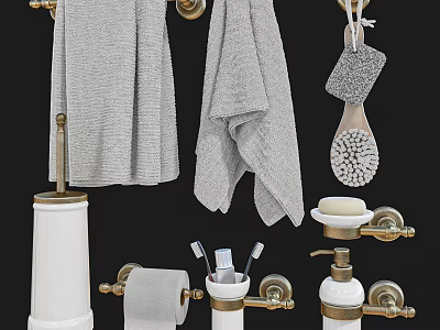 Modern Brass Bathroom Accessories With Towel Rack Bath Brush Soap Dispenser And Toilet Paper Holder 3d model