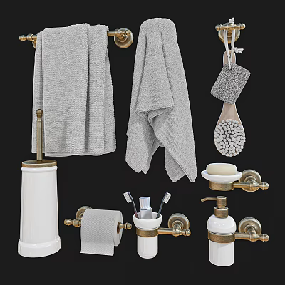 Modern Brass Bathroom Accessories With Towel Rack Bath Brush Soap Dispenser And Toilet Paper Holder 3d model