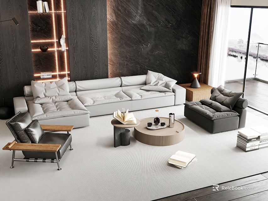 Modern Living Room Sofa and Coffee Table Set with Grey Sofa Round Coffee Table 3d model 