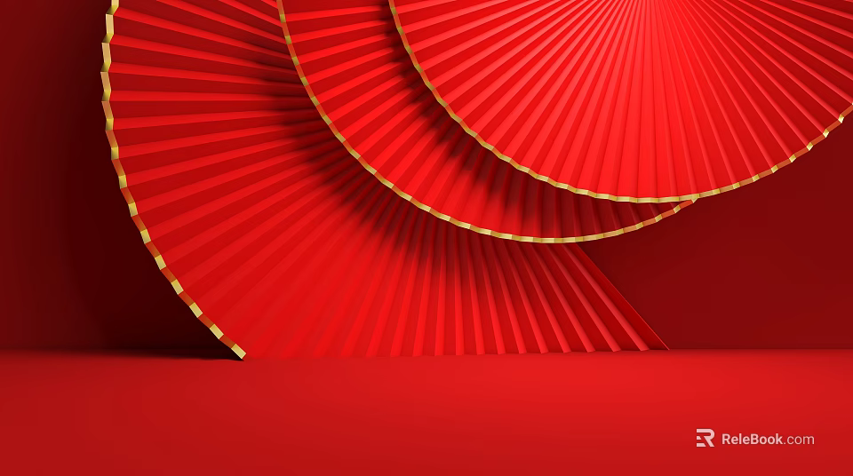 Red Fan Shaped Decor with Gold Edges on Red Background Wall 3d model