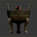 Traditional Bronze Tripod Cauldron Decorative Ornament Set With Intricate Patterns And Red Items Inside