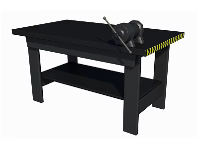 Sturdy Black Workbench With Bench Vice And Yellow Black Warning Stripes 3d model