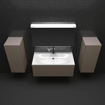 Modern Bathroom Sink Design With Wall Mounted Cabinets And Overhead Mirror 3d model