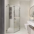 Modern Bathroom Interior Design With Glass Shower Lighted Oval Mirror And White Vanity