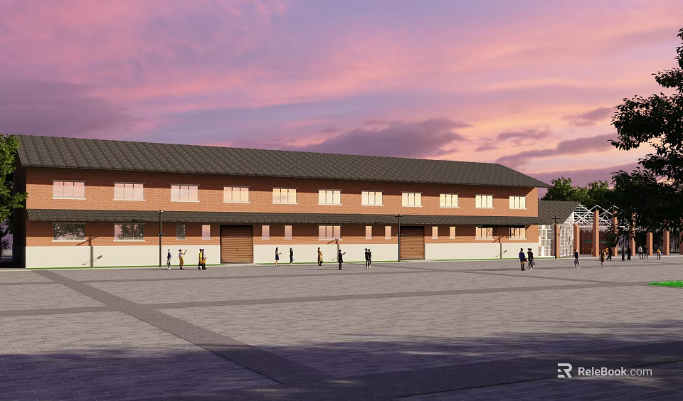 Industrial Factory Building With Brick Exterior Black Roof Large Windows Open Square And Pedestrians 3d model 