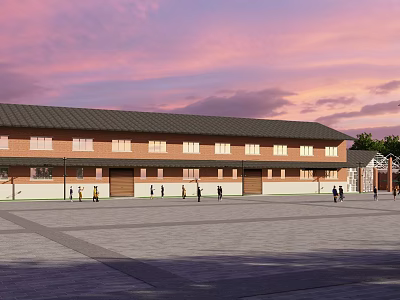 Industrial Factory Building With Brick Exterior Black Roof Large Windows Open Square And Pedestrians 3d model