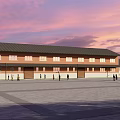 Industrial Factory Building With Brick Exterior Black Roof Large Windows Open Square And Pedestrians