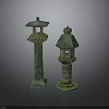 Ancient Green Bronze Lanterns With Traditional Tower Structure And Ornate Hollowed Details