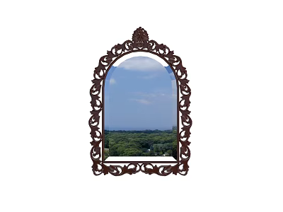 Ornate Carved Frame Mirror Reflecting Blue Sky Clouds and Green Trees View 3d model