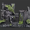 Medieval Style Decorative Castle Ornament Set With Ruined Walls Green Plants And Stone Base