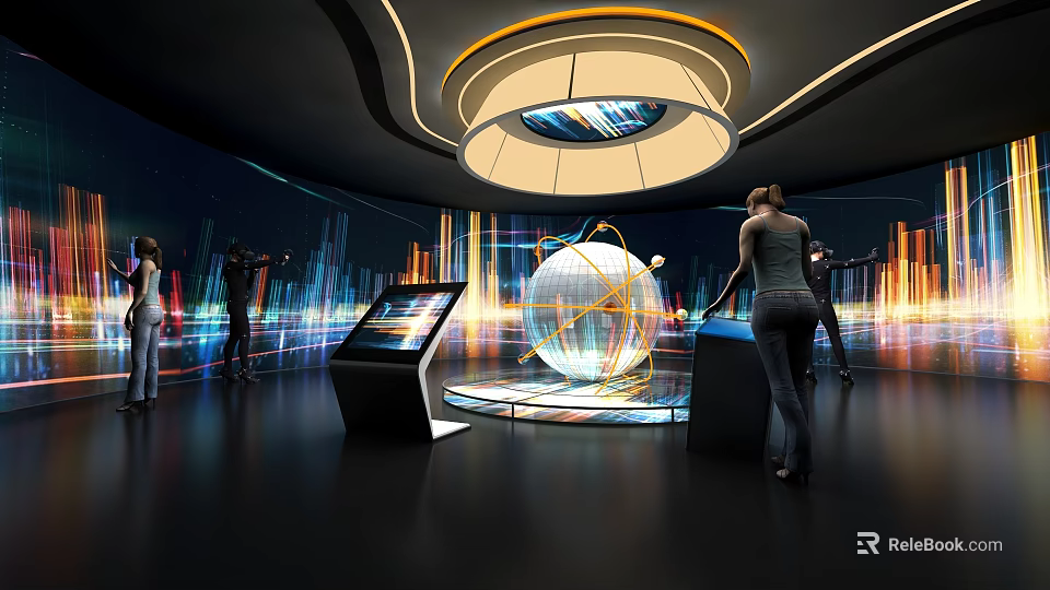 People Engaging In Interactive Technology Exhibition With Illuminated Sphere And Digital Displays 3d model