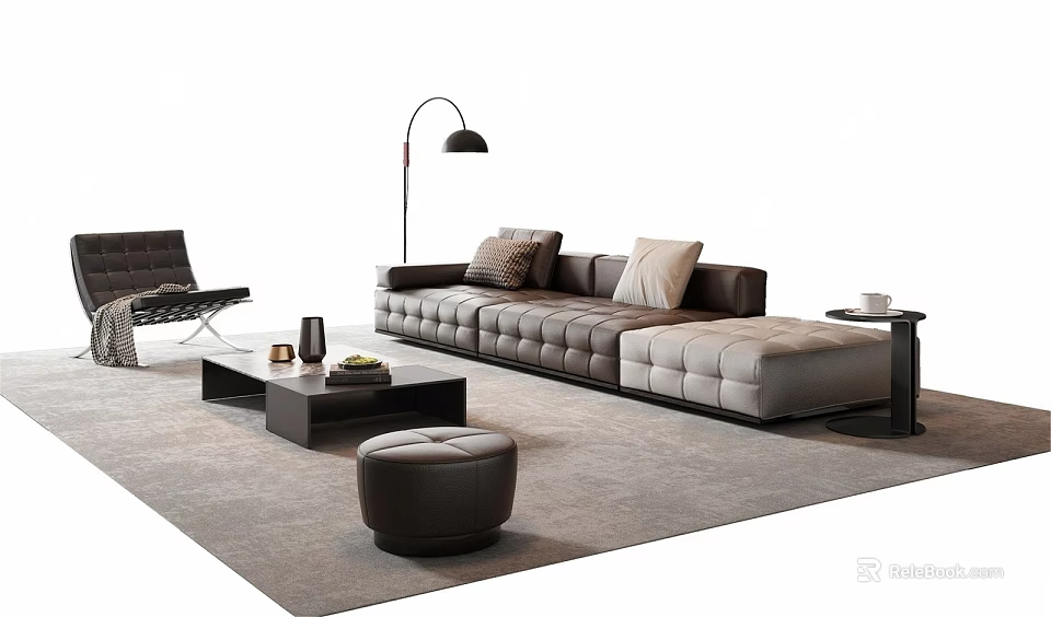 Modern Leather Sofa Set With Floor Lamp Coffee Table Ottoman And Gray Rug 3d model 