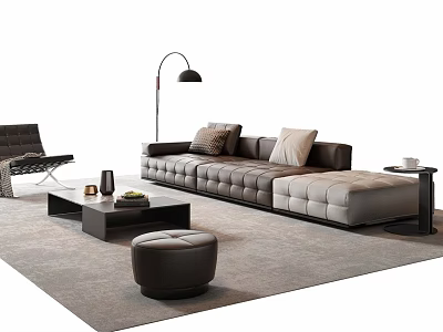 Modern Leather Sofa Set With Floor Lamp Coffee Table Ottoman And Gray Rug 3d model