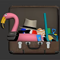 Open Brown Suitcase with Pink Flamingo Toy Straw Hat Blue Straw Colorful Cups and Shovel