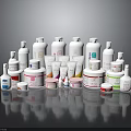 Assorted Personal Care Products With Various White Bottles Jars Different Sizes Shapes And Colored Labels