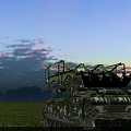 Camouflage Military Tank Firing Artillery With Smoke Trails In Grass Field Sunset Sky
