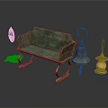 Green Rustic Single Chair With Wooden Frame Small Mirror Bell And Lantern