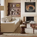 Elegant Living Room Interior Design With Decorative Ceiling Chandelier Circular Painting Fireplace And Beige Sofa
