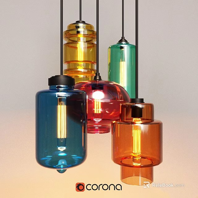 Colorful Glass Chandeliers in Blue Red Orange with Cylindrical Design and Black Top 3d model 