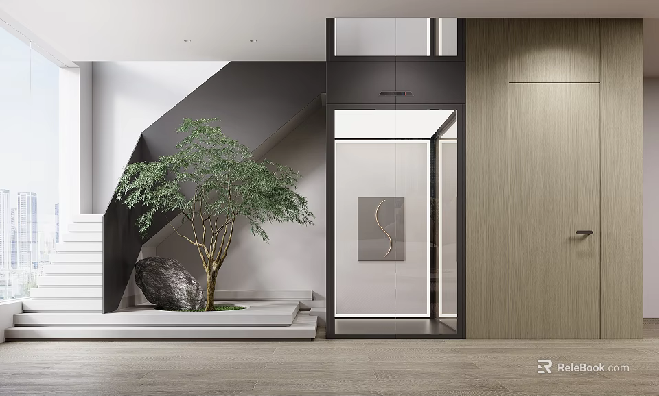 Modern Elevator In Contemporary Home With Stairs And Tree 3d model 