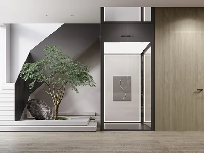 Modern Elevator In Contemporary Home With Stairs And Tree 3d model