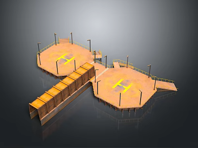 Industrial Platform Structure With Orange Surfaces Yellow H Markings Railings Lamp Posts And Walkway 3d model