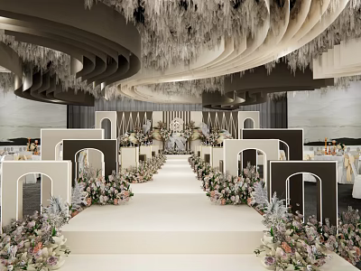 Elegant Banquet Hall Interior With Flower Aisle Arches And Hanging Decor 3d model