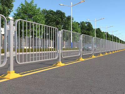 Municipal Road With Metal Fence Yellow Bases And Streetlights Along Trees 3d model