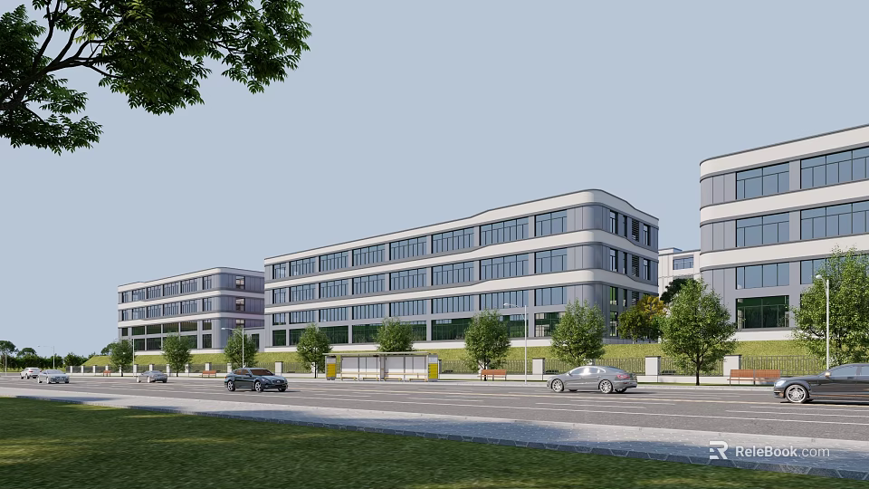 Modern Multistorey Industrial Factory Building With Glass Facade And Surrounding Greenery 3d model 