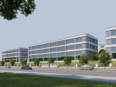 Modern Multistorey Industrial Factory Building With Glass Facade And Surrounding Greenery 3d model