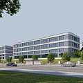 Modern Multistorey Industrial Factory Building With Glass Facade And Surrounding Greenery
