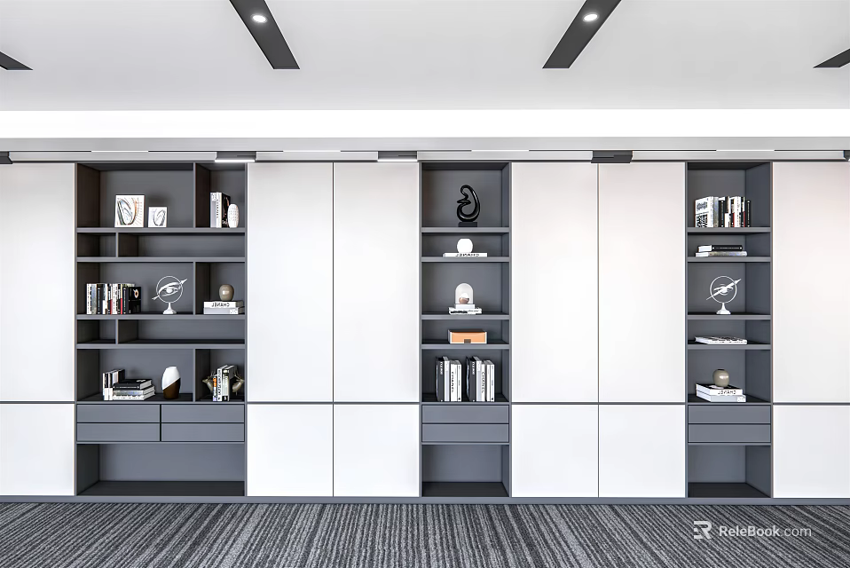 Modern Built-in Bookcase With Gray And White Finish Multiple Compartments Open Storage For Decorative Items 3d model