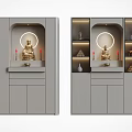 Modern Buddhist Shrine Cabinet With Buddha Statue Circular Lighting And Decorative Shelves