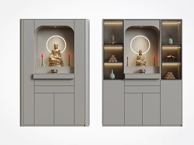 Modern Buddhist Shrine Cabinet With Buddha Statue Circular Lighting And Decorative Shelves 3d model