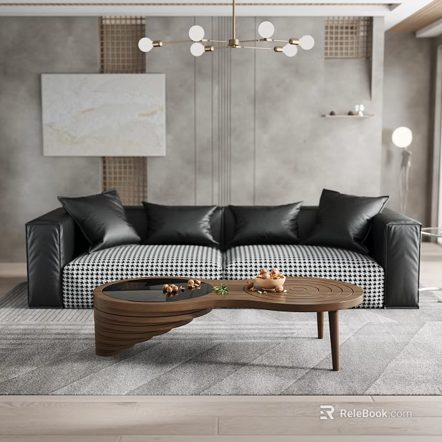 Wooden Coffee Table With Black And White Checkered Sofa Black Cushions In Modern Living Room 3d model 