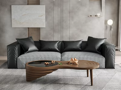 Wooden Coffee Table With Black And White Checkered Sofa Black Cushions In Modern Living Room 3d model