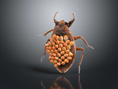Close Up View Of Brown Insect Carrying Numerous Small Eggs On Its Back 3d model