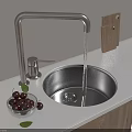 Stainless Steel Kitchen Sink With Running Water Faucet Wooden Cutting Board And Fresh Cherries