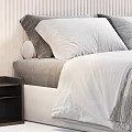 Modern Double Bed With Upholstered Headboard Gray White Bedding And Bedside Table