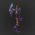 Fantasy Axe Design with Flame Accent Chain Wooden Handle and Purple Feathers