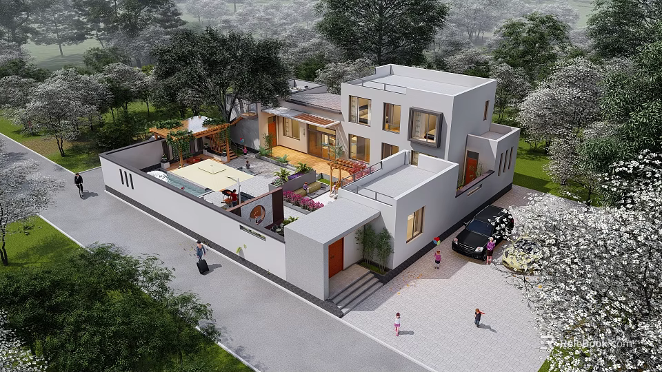 Modern Detached Villa With Lush Green Surroundings Courtyard Terrace And Family Parking Space 3d model 