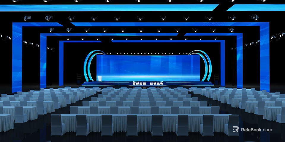 Large Conference Hall Interior With Blue Lighting Stage Big Screen And Arranged Seats 3d model 
